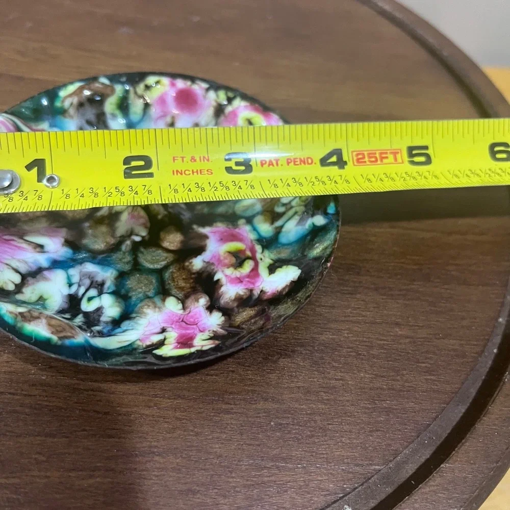 Vtg Enamel on Copper Small Round Trinket Dish Abstract Pink Blue Green 3.75
